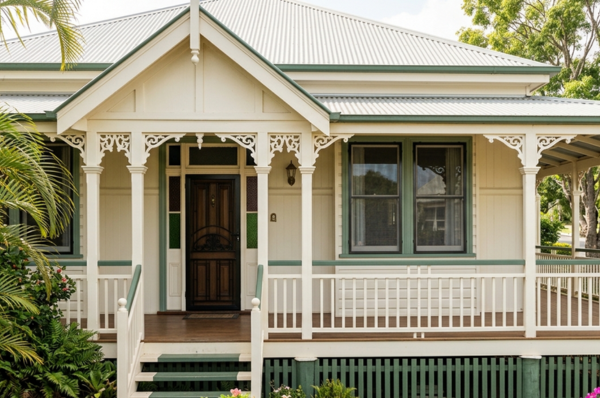 A classic cream and green Queenslander-style heritage home featuring decorative white timber woodwork and a wide veranda. The front entrance is secured with an elegant, black colonial-style security screen door that blends seamlessly with the classic architecture.