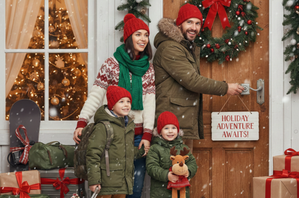 A family dressed in warm winter clothes standing outside their front door decorated for Christmas, ready to leave on a trip.