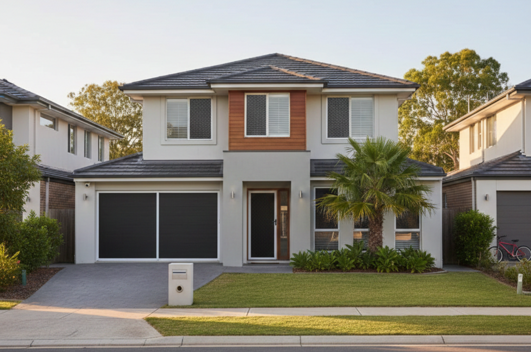 Modern family home in an Ipswich, Queensland suburb, shown in warm morning light with discreet security screens on doors and windows, surrounded by greenery and a calm, well-kept neighbourhood.
