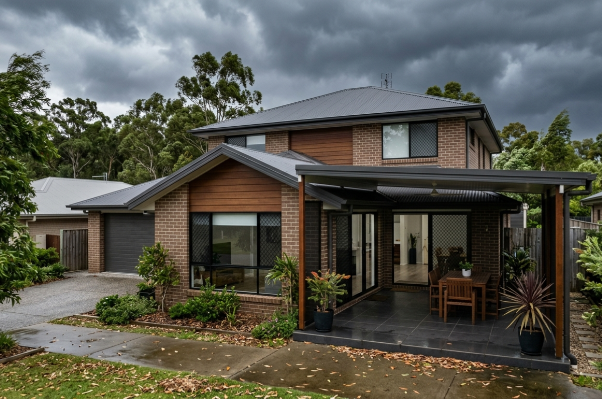 Modern two-story brick home with covered patio and garden, under dark storm clouds.