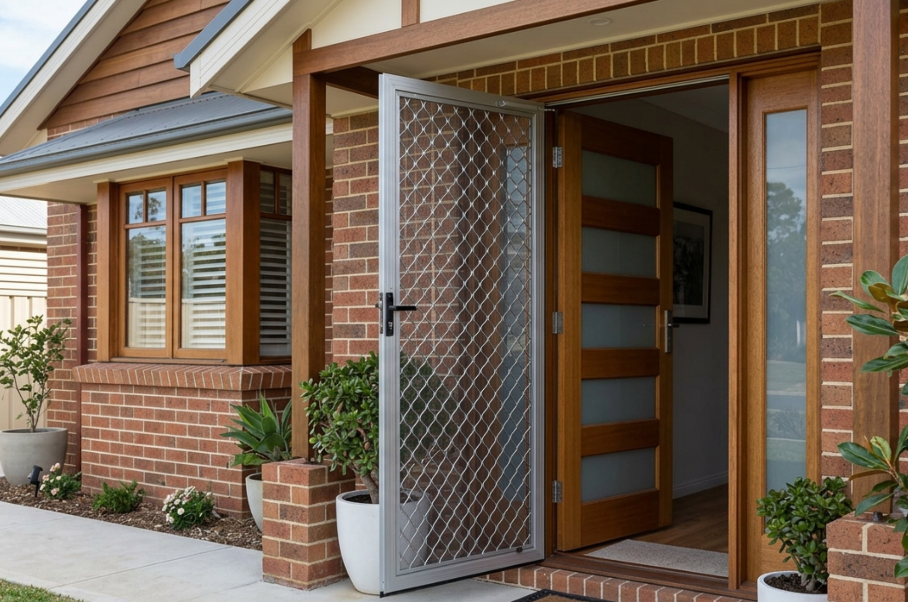 A modern Ipswich home with a stainless steel security screen door installed at the front entrance during winter.