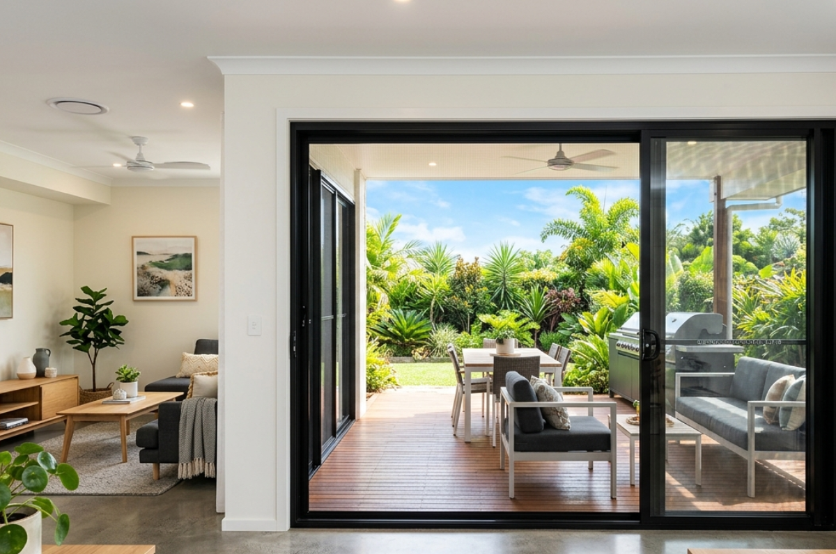 Modern Ipswich living room with an open sliding door fitted with a black security screen, letting in sunlight and airflow.