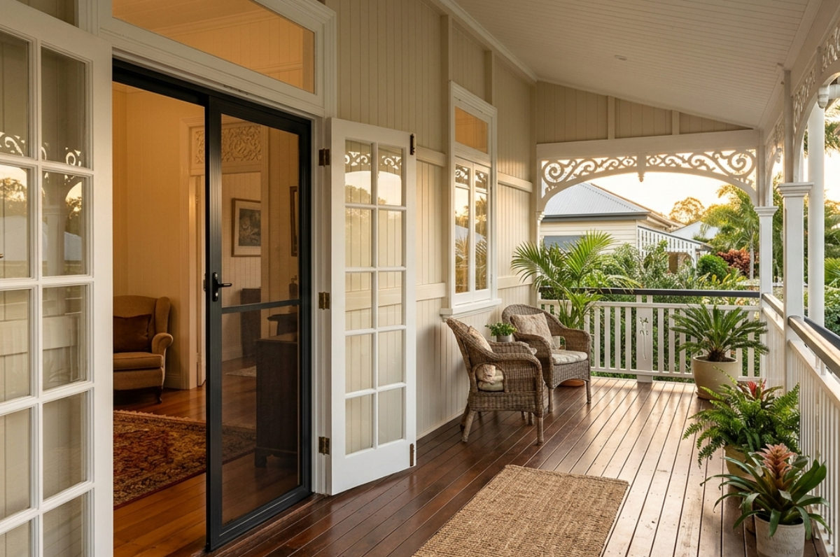 Classic Brisbane Queenslander verandah with a sleek dark security screen door fitted alongside original timber French doors.